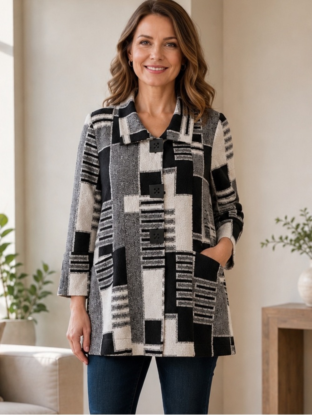 Joseph Ribkoff Black White Gray Geometric Abstract Jacket Tunic Size 6